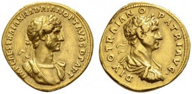 ROMAN COINS 
 ROMAN EMPIRE 
 HADRIANUS, 117-138. Aureus with his deified adoptive father Trajan , 117. AV 7.28 g. IMP CAES TRAIAN HADRIAN OPT AVG G ...
