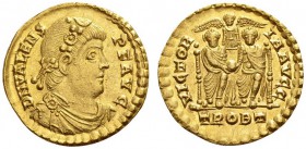 ROMAN COINS 
 ROMAN EMPIRE 
 VALENS, 364-378. Solidus, Treveri , 367-375. AV 4.45 g. DN VALENS - PF AVG Draped and cuirassed bust r., head with rose...