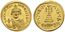 LATE ROMAN AND BYZANTINE COINS 
 CONSTANS II, 641-668. Solidus, about 641-646. AV 4.42 g. Facing bust, wearing chlamys, tablion and crown with cross ...
