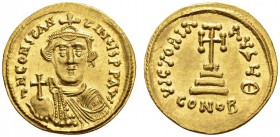 LATE ROMAN AND BYZANTINE COINS 
 CONSTANS II, 641-668. Solidus, about 641-646. AV 4.47 g. Facing bust, wearing chlamys, tablion and crown with cross ...
