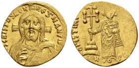 LATE ROMAN AND BYZANTINE COINS 
 JUSTINIANUS II, first reign 685-695. Solidus, about 692-695. AV 4.48 g. Bearded, facing bust of Christ, wearing pall...