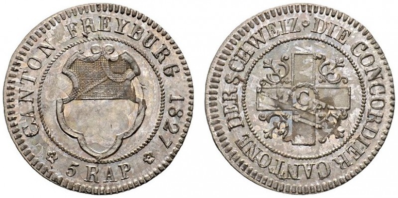 SCHWEIZER MÜNZEN & MEDAILLEN 
 FREIBURG, KANTON 
 5 Rappen 1827. HMZ 2­287d. 1...