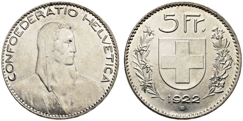 SCHWEIZER MÜNZEN & MEDAILLEN 
 EIDGENOSSENSCHAFT 
 5 Franken 1922 B, Bern. HMZ...