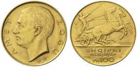 EUROPEAN COINS & MEDALS 
 ALBANIEN 
 REPUBLIK/KÖNIGREICH 
 Amet Zogu I., 1925-1928-1939. 100 Franga Ari 1926 R, Rom. Variante mit zwei Sternen unte...