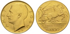 EUROPEAN COINS & MEDALS 
 ALBANIEN 
 REPUBLIK/KÖNIGREICH 
 Amet Zogu I., 1925-1928-1939. 100 Franga Ari 1927 R, Rom. Variante mit zwei Sternen unte...