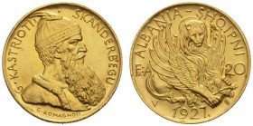 EUROPEAN COINS & MEDALS 
 ALBANIEN 
 REPUBLIK/KÖNIGREICH 
 Amet Zogu I., 1925-1928-1939. 20 Franga Ari 1927 V, Wien. Fr. 6; K./M. 12. 6,45 g.
 GOL...