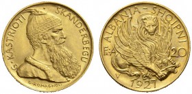 EUROPEAN COINS & MEDALS 
 ALBANIEN 
 REPUBLIK/KÖNIGREICH 
 Amet Zogu I., 1925-1928-1939. 20 Franga Ari 1927. Fr. 6; Schl. 19. 6,46 g.
 GOLD. Vorzü...