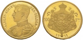 EUROPEAN COINS & MEDALS 
 BELGIEN 
 KÖNIGREICH, seit 1831 
 Albert II. seit 1993. 100 Francs 1911, Brüssel. ALBERT KONING DER BELGEN. Uniformiertes...