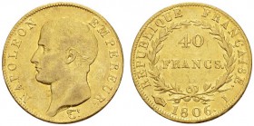 EUROPEAN COINS & MEDALS 
 FRANCE 
 PREMIER EMPIRE 
 Napoléon Ier, 1804-1814/1815. 40 Francs 1806 I, Limoges. Fr. 485; Gadoury 1082.
 OR. Rare. Dan...