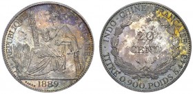 EUROPEAN COINS & MEDALS 
 FRANCE COLONIES 
 INDOCHINE 
 20 Centimes 1889 A, Paris. REPUBLIQUE FRANCAISE. La République assise // Dénomination au ce...