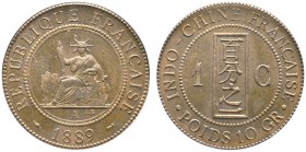 EUROPEAN COINS & MEDALS 
 FRANCE COLONIES 
 INDOCHINE 
 1 Centime 1889 A, Paris. REPUBLIQUE FRANCAISE. La République assise // Au centre dans un ce...