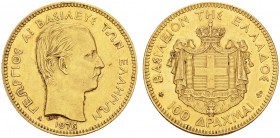 EUROPEAN COINS & MEDALS 
 GRIECHENLAND 
 Georg I., 1863-1913. 100 Drachmai 1876 A, Paris. Kopf des Königs mit Schnurrbart nach rechts // Das griechi...
