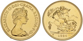 EUROPEAN COINS & MEDALS 
 CHOICE COLLECTION OF ENGLISH GOLD COINS 
 Elizabeth II, since 1952. 5 Pounds 1984. Fr. 419; K./M. 924. 39,94 g.
 GOLD. 8'...