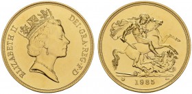 EUROPEAN COINS & MEDALS 
 CHOICE COLLECTION OF ENGLISH GOLD COINS 
 Elizabeth II, since 1952. 5 Pounds 1985. Fr. 422; K./M. 945. 39,94 g.
 GOLD. 13...