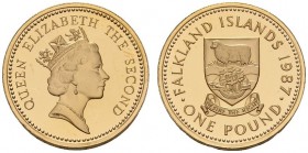 EUROPEAN COINS & MEDALS 
 CHOICE COLLECTION OF ENGLISH GOLD COINS 
 Elizabeth II, since 1952. Pound 1987. Falkland Islands. Reeded edge with inscrip...