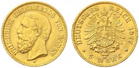 SAMMLUNG REICHSGOLD 
 BADEN 
 Friedrich I., 1852-1907. 5 Mark 1877 G. Fr. 3759; J. 185; K./M. 266. 1,99 g.
 GOLD. Unzirkuliert