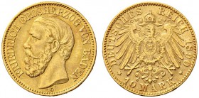 SAMMLUNG REICHSGOLD 
 BADEN 
 Friedrich I., 1852-1907. 10 Mark 1890 G. Fr. 3757; J. 188; K./M. 267. 3,96 g.
 GOLD. Fast vorzüglich