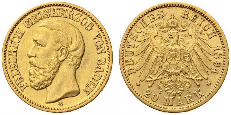 SAMMLUNG REICHSGOLD 
 BADEN 
 Friedrich I., 1852-1907. 20 Mark 1894 G. Fr. 375...