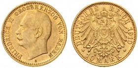 SAMMLUNG REICHSGOLD 
 BADEN 
 Friedrich II., 1907-1918. 10 Mark 1910 G. Fr. 3761; J. 191; K./M. 282. 3,98 g.
 GOLD. Fast unzirkuliert