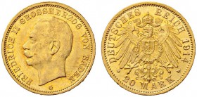 SAMMLUNG REICHSGOLD 
 BADEN 
 Friedrich II., 1907-1918. 20 Mark 1914 G. Fr. 3760; J. 192; K./M. 284. 7,95 g.
 GOLD. Fast unzirkuliert