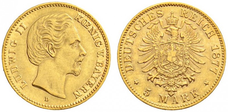 SAMMLUNG REICHSGOLD 
 BAYERN 
 Ludwig II., 1864-1886. 5 Mark 1877 D. Fr. 3767;...