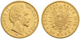 SAMMLUNG REICHSGOLD 
 BAYERN 
 Ludwig II., 1864-1886. 20 Mark 1878 D. Fr. 3763; J. 197; K./M. 900. 7,93 g.
 GOLD. Seltener Jahrgang. Fast vorzüglic...