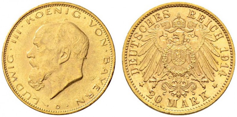 SAMMLUNG REICHSGOLD 
 BAYERN 
 Ludwig III., 1913-1918. 20 Mark 1914 D. LUDWIG ...