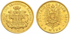 SAMMLUNG REICHSGOLD 
 HAMBURG 
 Freie und Hansestadt. 5 Mark 1877 J. Fr. 3782; J. 208; K./M. 605. 1,99 g.
 GOLD. Unzirkuliert