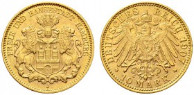 SAMMLUNG REICHSGOLD 
 HAMBURG 
 Freie und Hansestadt. 10 Mark 1907 J. Fr. 3781; J. 211; K./M. 608. 3,98 g.
 GOLD. Vorzüglich