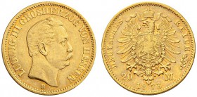 SAMMLUNG REICHSGOLD 
 HESSEN 
 Ludwig III., 1848-1877. 20 Mark 1873 H. Fr. 3783; J. 214; K./M. 351. 7,91 g.
 GOLD. Sehr schön