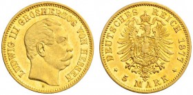 SAMMLUNG REICHSGOLD 
 HESSEN 
 Ludwig III., 1848-1877. 5 Mark 1877 H. LUDWIG III GROSHERZOG VON HESSEN. Kopfbild des Grossherzogs nach rechts // DEU...