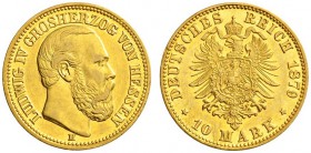 SAMMLUNG REICHSGOLD 
 HESSEN 
 Ludwig IV., 1877-1892. 10 Mark 1879 H. Fr. 3789; J. 219; K./M. 358. 3,95 g.
 GOLD. Fast vorzüglich
