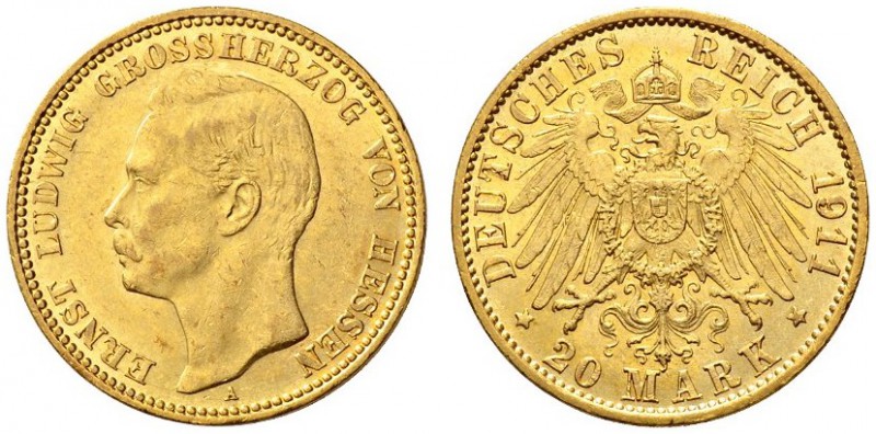 SAMMLUNG REICHSGOLD 
 HESSEN 
 Ernst Ludwig, 1892-1918. 20 Mark 1911 A. Fr. 37...