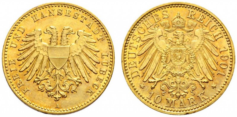 SAMMLUNG REICHSGOLD 
 LÜBECK 
 Freie und Hansestadt. 10 Mark 1901 A. FREIE UND...