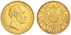 SAMMLUNG REICHSGOLD 
 MECKLENBURG-SCHWERIN 
 Friedrich Franz III., 1883-1897. 10 Mark 1890. Fr. 3803; J. 232. 3,98 g.
 GOLD. Vorzüglich