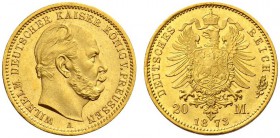 SAMMLUNG REICHSGOLD 
 PREUSSEN 
 Wilhelm I., 1861-1888. 20 Mark 1873 A. Fr. 3813; J. 243A; K./M. 501. 7,97 g.
 GOLD. Unzirkuliert