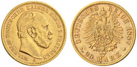 SAMMLUNG REICHSGOLD 
 PREUSSEN 
 Wilhelm I., 1861-1888. 20 Mark 1887 A. Fr. 3816; J. 246A; K./M. 505. 7,94 g.
 GOLD. Fast vorzüglich
