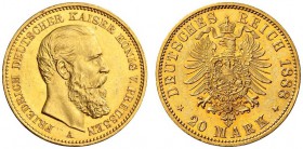 SAMMLUNG REICHSGOLD 
 PREUSSEN 
 Friedrich III., 1888. 20 Mark 1888 A. Fr. 3828; J. 248; K./M. 515. 7,96 g.
 GOLD. Fast unzirkuliert