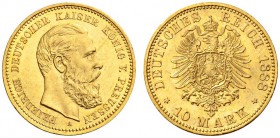 SAMMLUNG REICHSGOLD 
 PREUSSEN 
 Friedrich III., 1888. 10 Mark 1888 A. Fr. 3829; J. 247; K./M. 514. 3,98 g.
 GOLD. Unzirkuliert