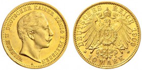 SAMMLUNG REICHSGOLD 
 PREUSSEN 
 Wilhelm II., 1888-1918. 10 Mark 1909 A. Fr. 3835; J. 251; K./M. 520. 3,97 g.
 GOLD. Fast unzirkuliert