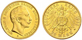 SAMMLUNG REICHSGOLD 
 PREUSSEN 
 Wilhelm II., 1888-1918. 20 Mark 1911 A. Fr. 3831; J. 252A; K./M. 521. 7,95 g.
 GOLD. Fast unzirkuliert