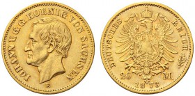 SAMMLUNG REICHSGOLD 
 SACHSEN 
 Johann, 1854-1873. 20 Mark 1873 E. Fr. 3839; J. 259; K./M. 1234. 7,92 g.
 GOLD. Fast vorzüglich