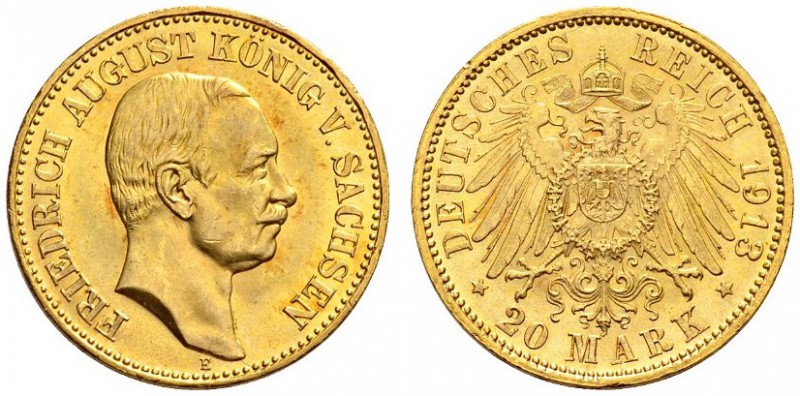 SAMMLUNG REICHSGOLD 
 SACHSEN 
 Friedrich August III., 1904-1918. 20 Mark 1913...