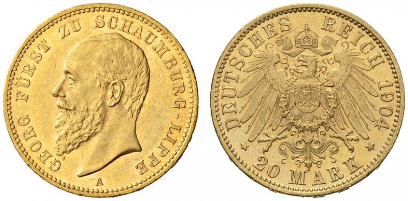 SAMMLUNG REICHSGOLD 
 SCHAUMBURG-LIPPE 
 Georg, 1893-1911. 20 Mark 1904 A. GEO...