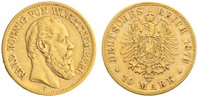 SAMMLUNG REICHSGOLD 
 WÜRTTEMBERG 
 Karl, 1864-1891. 10 Mark 1876 F. Fr. 3873; J. 292; K./M. 624. 3,93 g.
 GOLD. Sehr schön