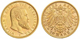 SAMMLUNG REICHSGOLD 
 WÜRTTEMBERG 
 Wilhelm II., 1891-1918. 10 Mark 1898 F. Fr. 3877; J. 295; K./M. 633. 3,96 g.
 GOLD. Selten in dieser Erhaltung....