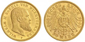 SAMMLUNG REICHSGOLD 
 WÜRTTEMBERG 
 Wilhelm II., 1891-1918. 20 Mark 1900 F. Fr. 3876; J. 296; K./M. 634. 7,96 g.
 GOLD. Selten in dieser Erhaltung....