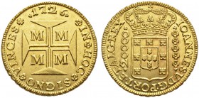 COINS & MEDALS FROM OVERSEAS 
 BRAZIL 
 João V, 1706-1750. 20.000 Reis 1726 M, Minas Gerais. Fr. 33; K./M. 117. 53,46 g.
 GOLD. Extremely fine