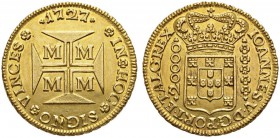 COINS & MEDALS FROM OVERSEAS 
 BRAZIL 
 João V, 1706-1750. 20.000 Reis 1727 M, Minas Gerais. Fr. 33; K./M. 117. 53,43 g.
 GOLD. Good very fine