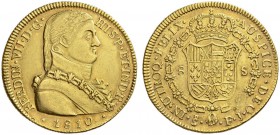 COINS & MEDALS FROM OVERSEAS 
 CHILE 
 Fernando VII, 1808-1833. 8 Escudos 1810 S-FJ, Santiago. Fr. 28; K./M. 72. 27,04 g.
 GOLD. Almost extremely f...